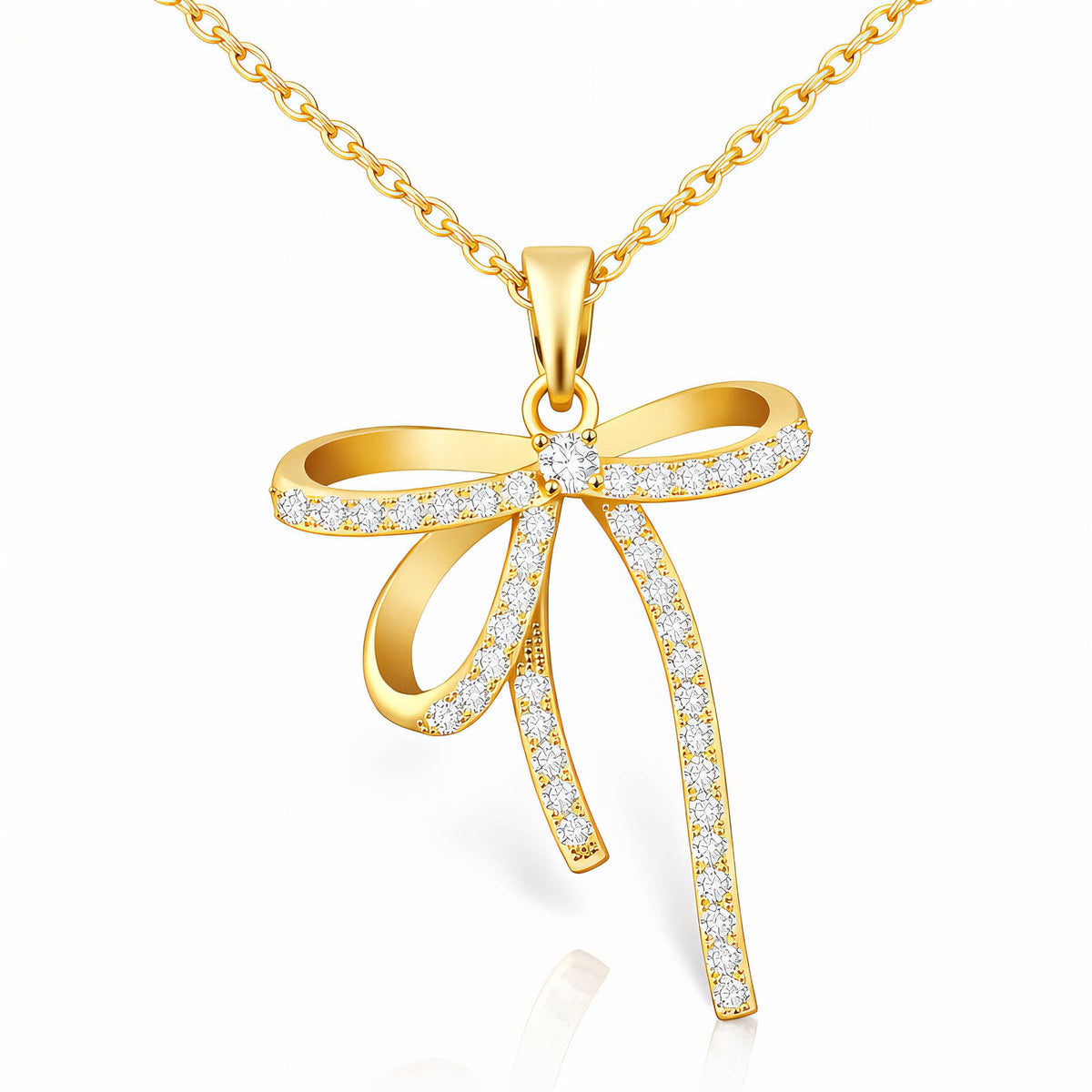 Christian Bow Pendant Necklace – 18K Gold PVD Brass with Cubic Zirconia
