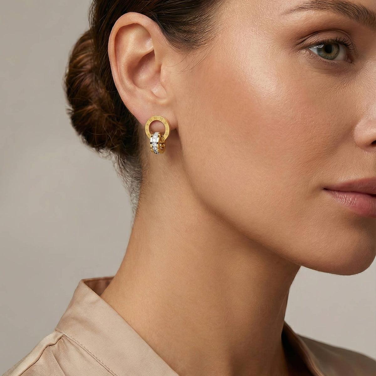 Roman Numeral Earrings – Double Ring 18K Gold PVD Stainless Steel with Cubic Zirconia