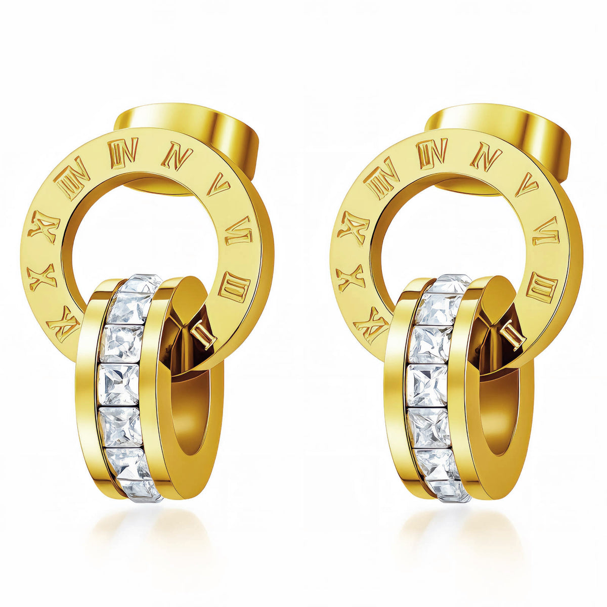 Roman Numeral Earrings – Double Ring 18K Gold PVD Stainless Steel with Cubic Zirconia