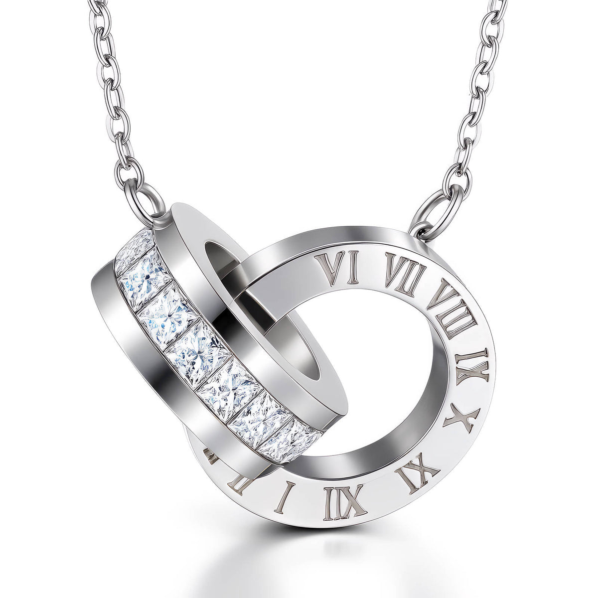 Double Ring Roman Numeral Necklace – Stainless Steel with Cubic Zirconia