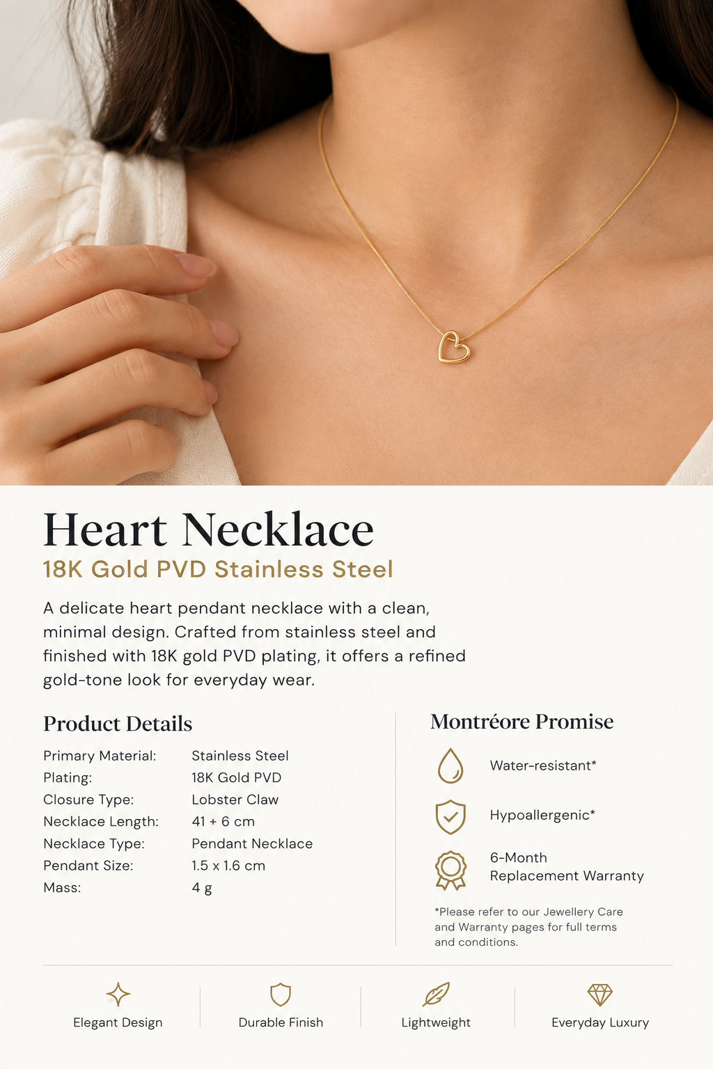 Heart Pendant Necklace – 18K Gold PVD Stainless Steel