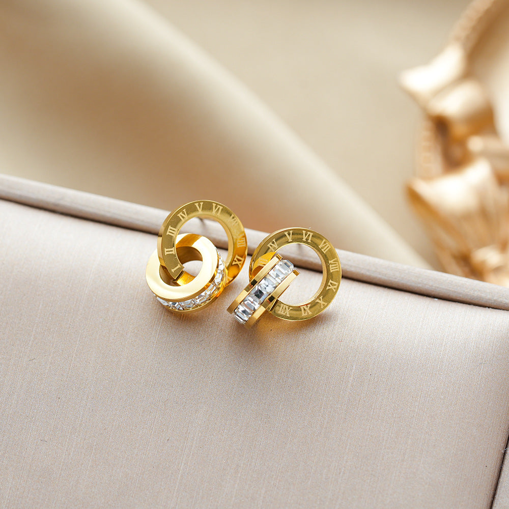 Roman Numeral Earrings – Double Ring 18K Gold PVD Stainless Steel with Cubic Zirconia