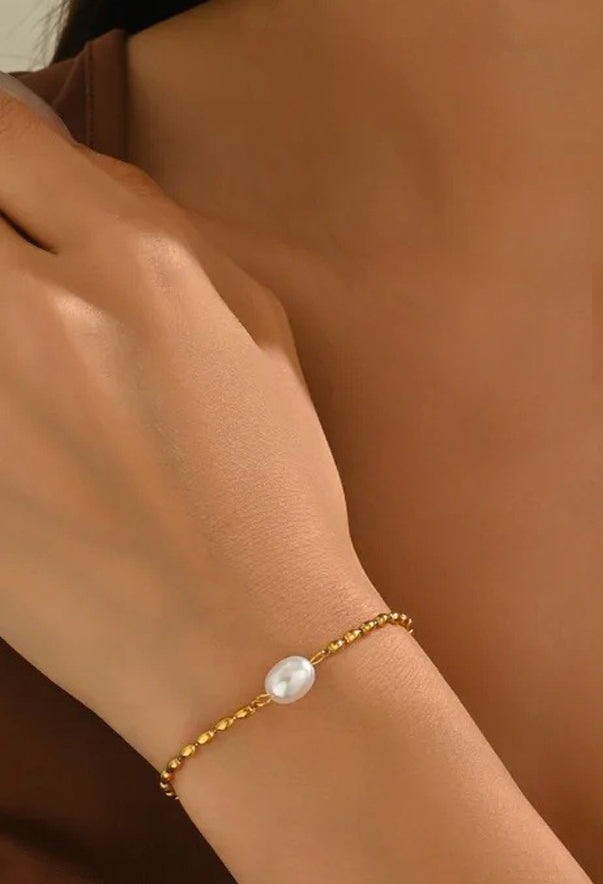 Single Pearl Bead Chain Bracelet – 18K Gold PVD-Plated Stainless Steel