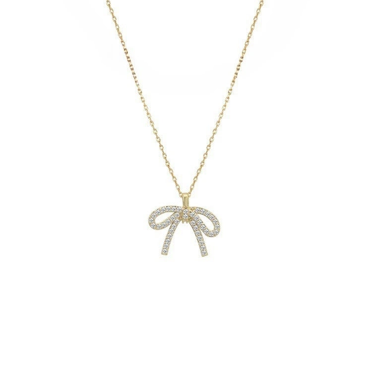 Christian Bow Pendant Necklace – 18K Gold PVD Brass with Cubic Zirconia