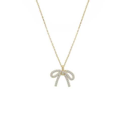Christian Bow Pendant Necklace – 18K Gold PVD Brass with Cubic Zirconia