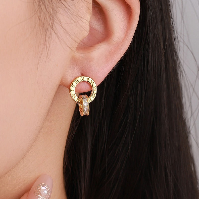 Roman Numeral Earrings – Double Ring 18K Gold PVD Stainless Steel with Cubic Zirconia