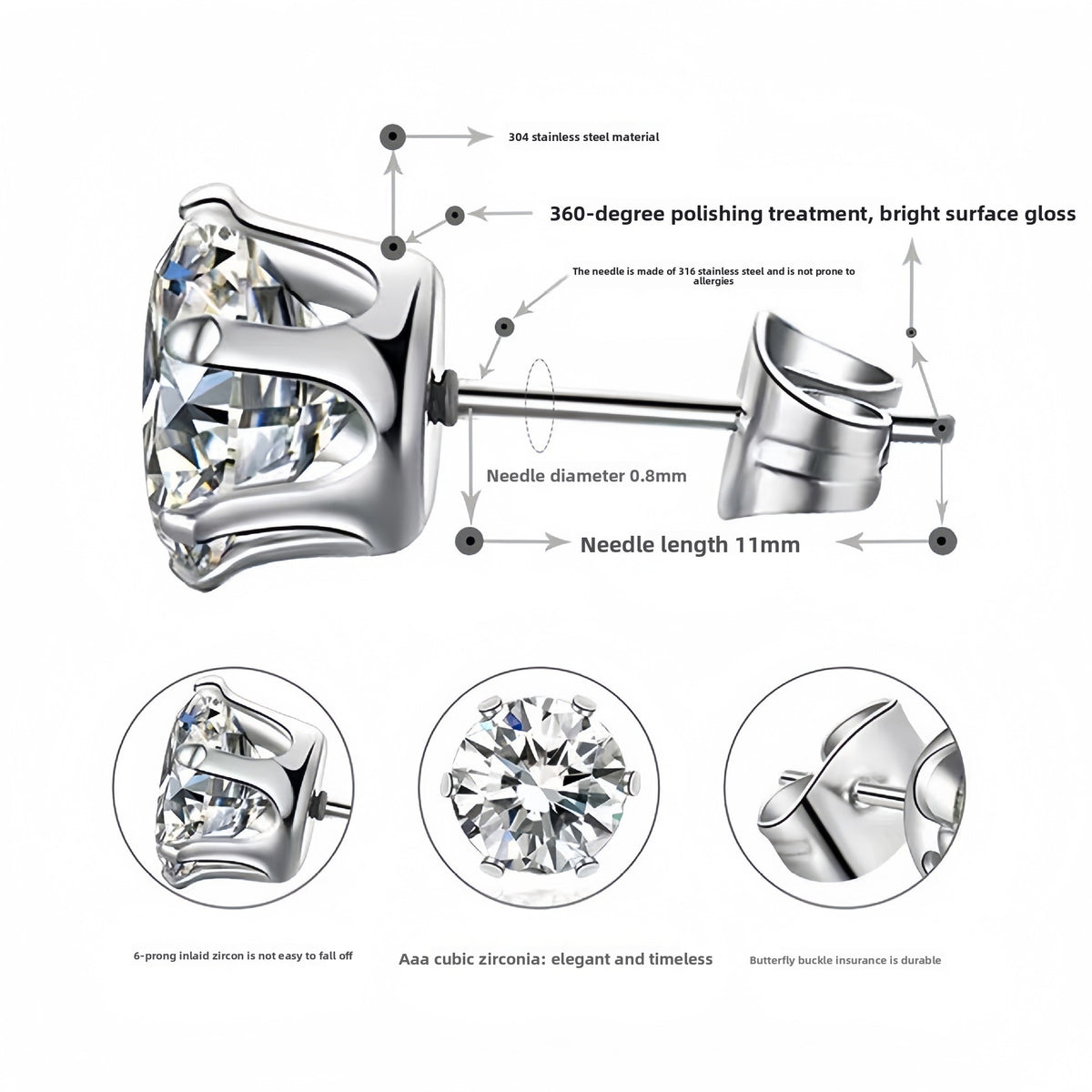 Solitaire Stud Earrings – Stainless Steel Cubic Zirconia Unisex