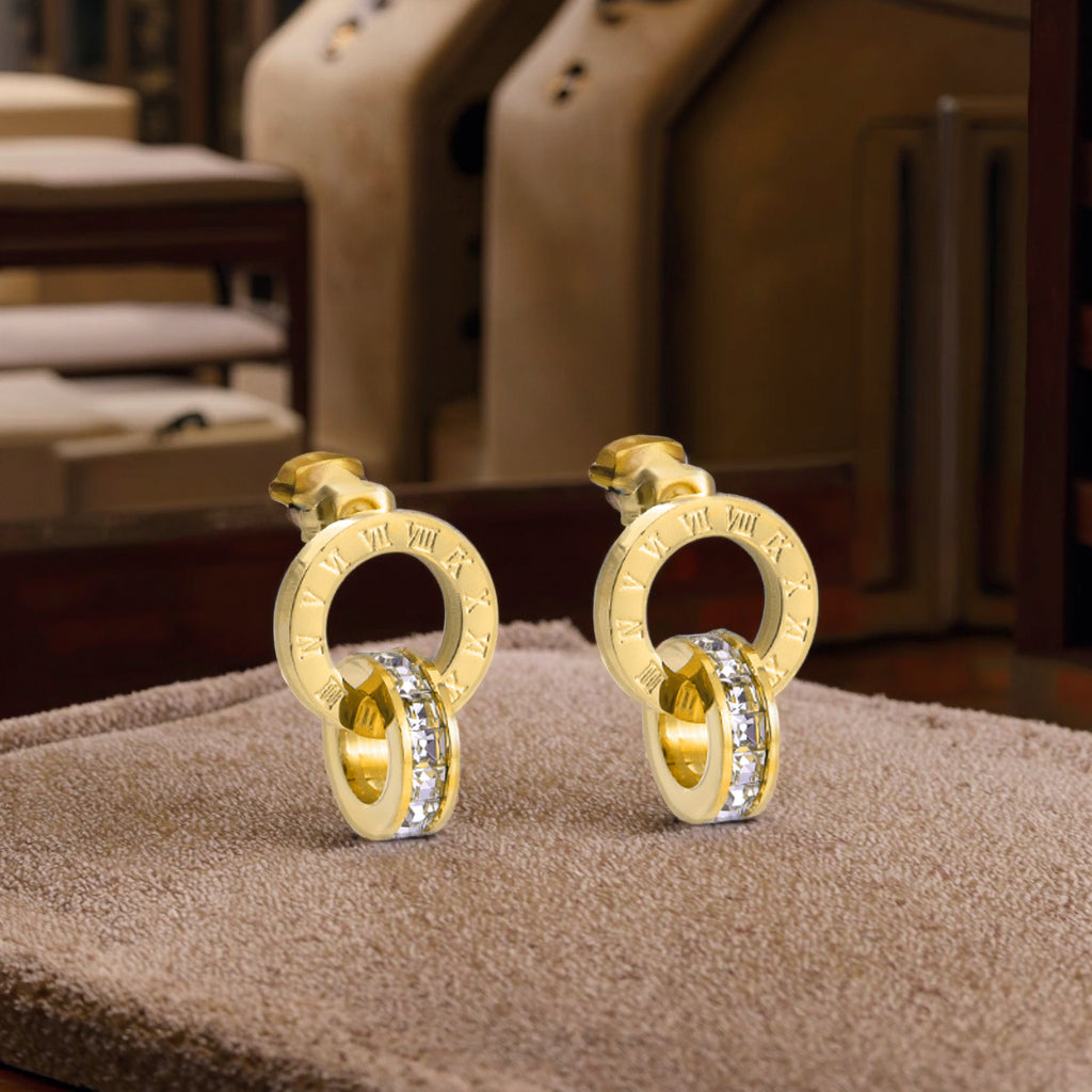 Roman Numeral Earrings – Double Ring 18K Gold PVD Stainless Steel with Cubic Zirconia