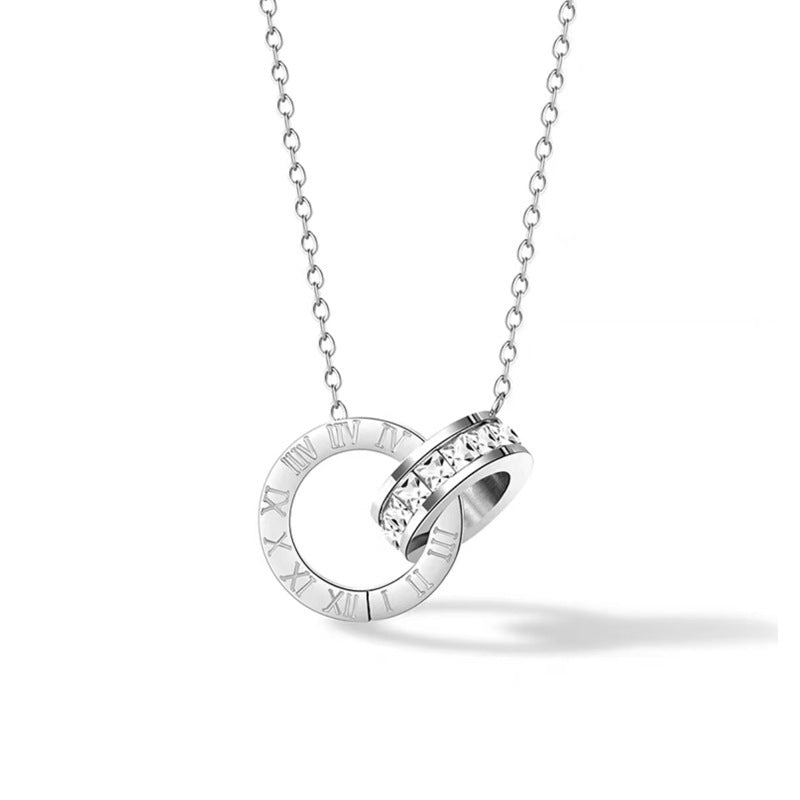 Double Ring Roman Numeral Necklace – Stainless Steel with Cubic Zirconia
