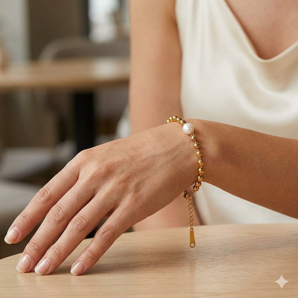 Single Pearl Bead Chain Bracelet – 18K Gold PVD-Plated Stainless Steel