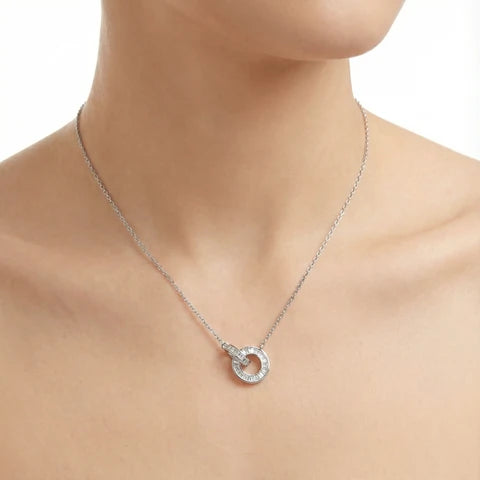 Double Ring Roman Numeral Necklace – Stainless Steel with Cubic Zirconia